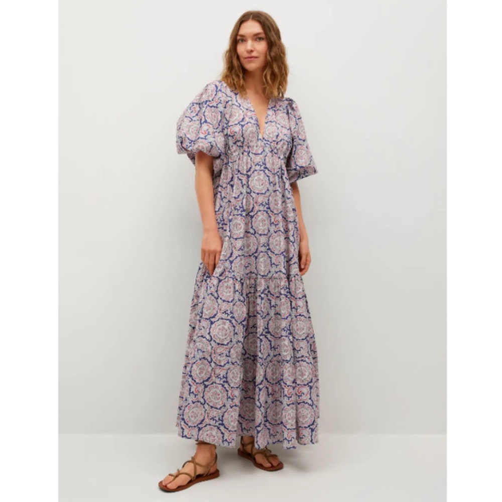 Chufy x Mango Cotton Print Puff Sleeve Cotton Maxi Dress 8 US L EU
